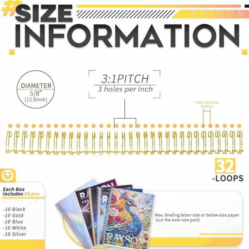 RAYSON WR32159M Wire Binding Spines, Multicolor, 3:1 Pitch Double Loop Binding Wires 5/8 Inch, 32-Loop Wire Ring Pack of 50 with Black, Gold, Blue, White, Silver - Image 2